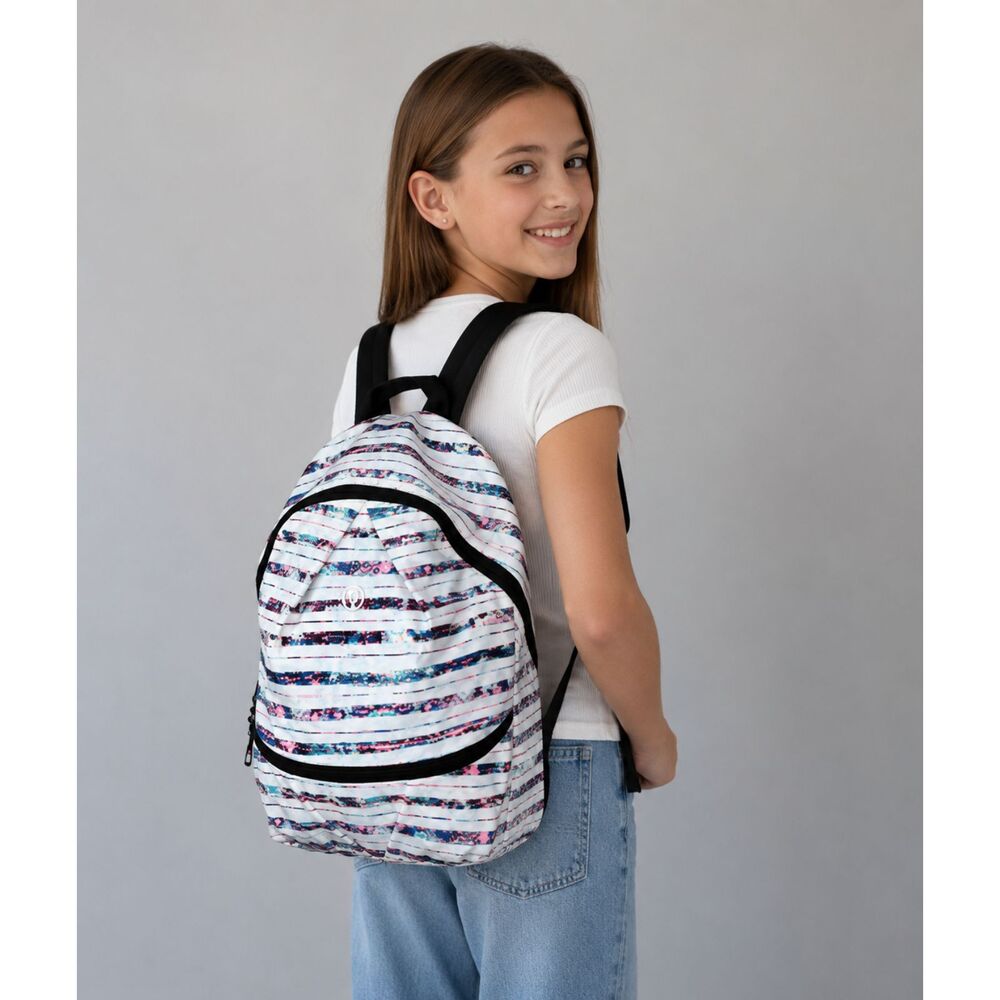 Ivivva by Lululemon Girl's Active Small Backpack Multi Stripe Bottom Shoe Pocket